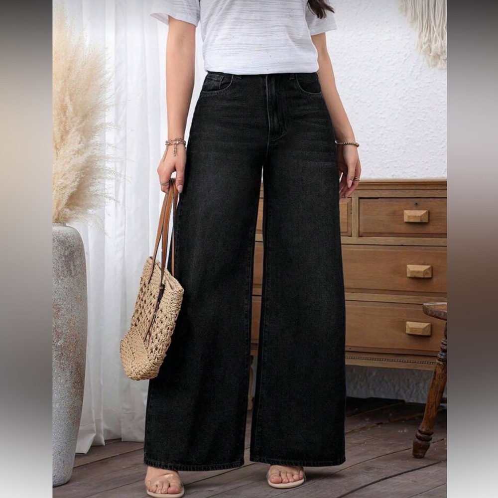 Women's Black Denim Wide-Leg Pants Jeans - Picture 5 of 7